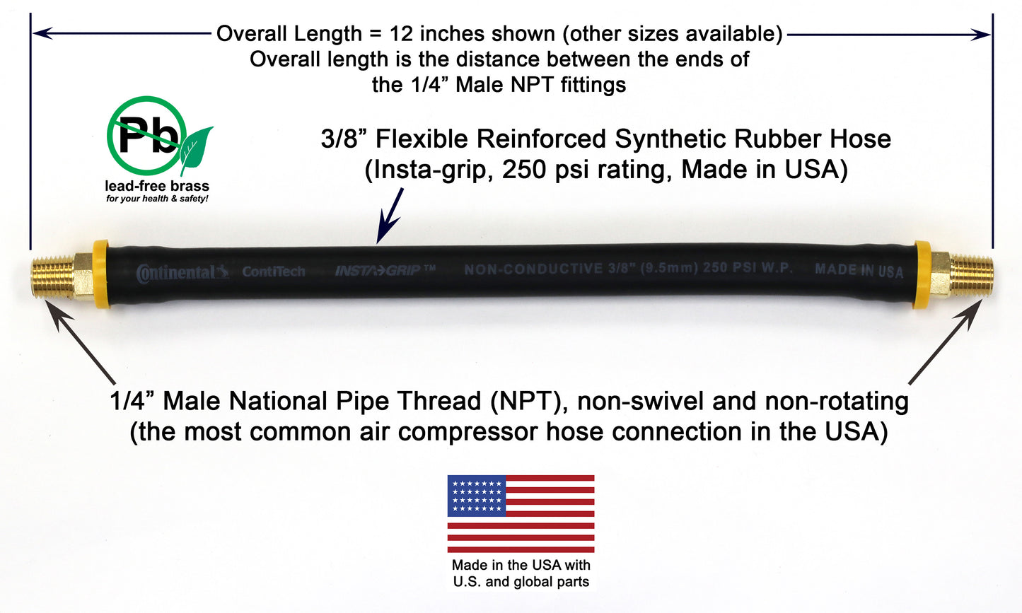 Short Air Compressor Hose: 1/4" Male NPT to 1/4" Male NPT Connections (Lead-Free Brass)