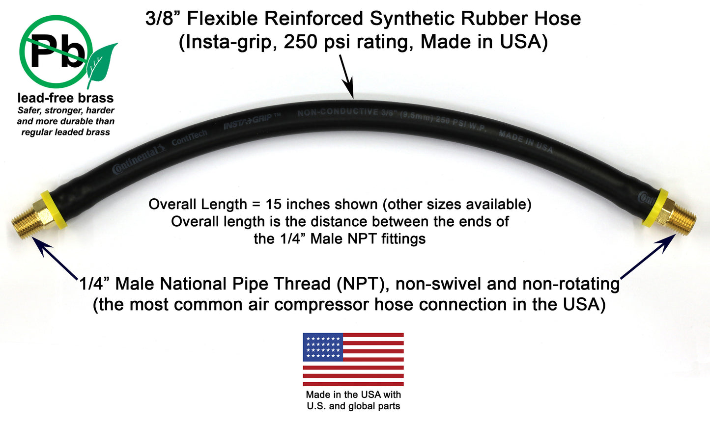 Short Air Compressor Hose: 1/4" Male NPT to 1/4" Male NPT Connections (Lead-Free Brass)