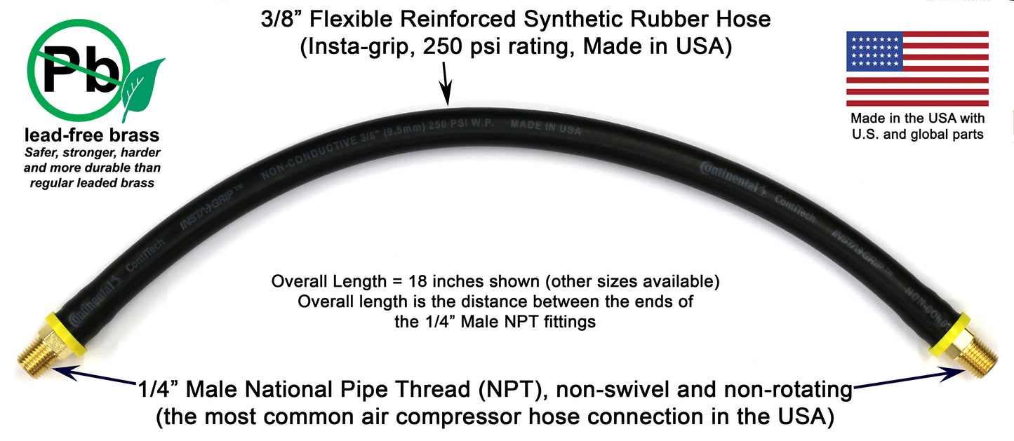 Short Air Compressor Hose: 1/4" Male NPT to 1/4" Male NPT Connections (Lead-Free Brass)