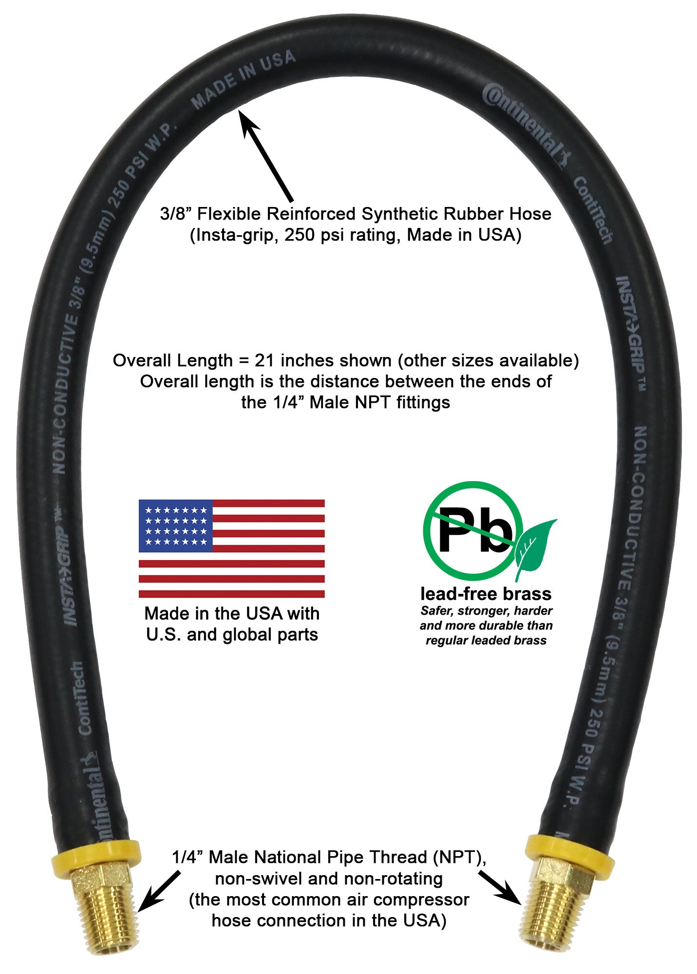 Short Air Compressor Hose: 1/4" Male NPT to 1/4" Male NPT Connections (Lead-Free Brass)