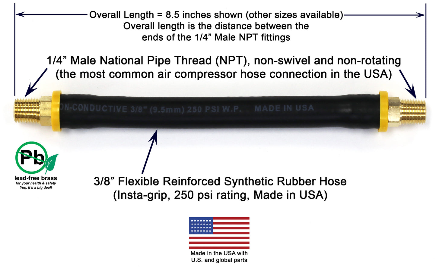 Short Air Compressor Hose: 1/4" Male NPT to 1/4" Male NPT Connections (Lead-Free Brass)