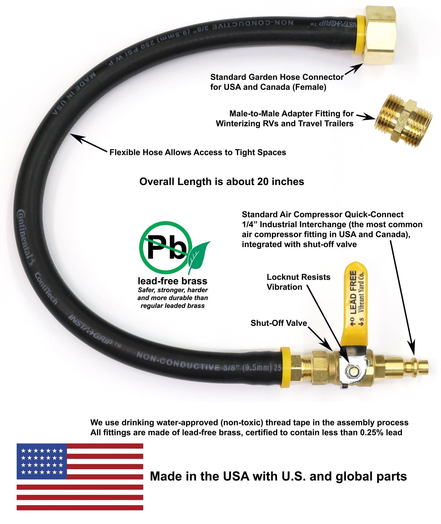 Winterize Sprinkler System, Outdoor Faucet, RV, Camper, and Travel Trailer: Air Compressor Plug To Garden Hose Faucet Blow Out Adapter (Lead-Free Brass) with Male-to-Male Fitting