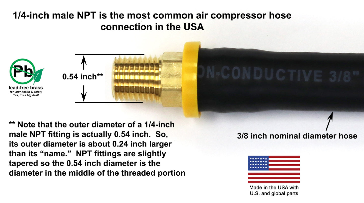 Short Air Compressor Hose: 1/4" Male NPT to 1/4" Male NPT Connections (Lead-Free Brass)