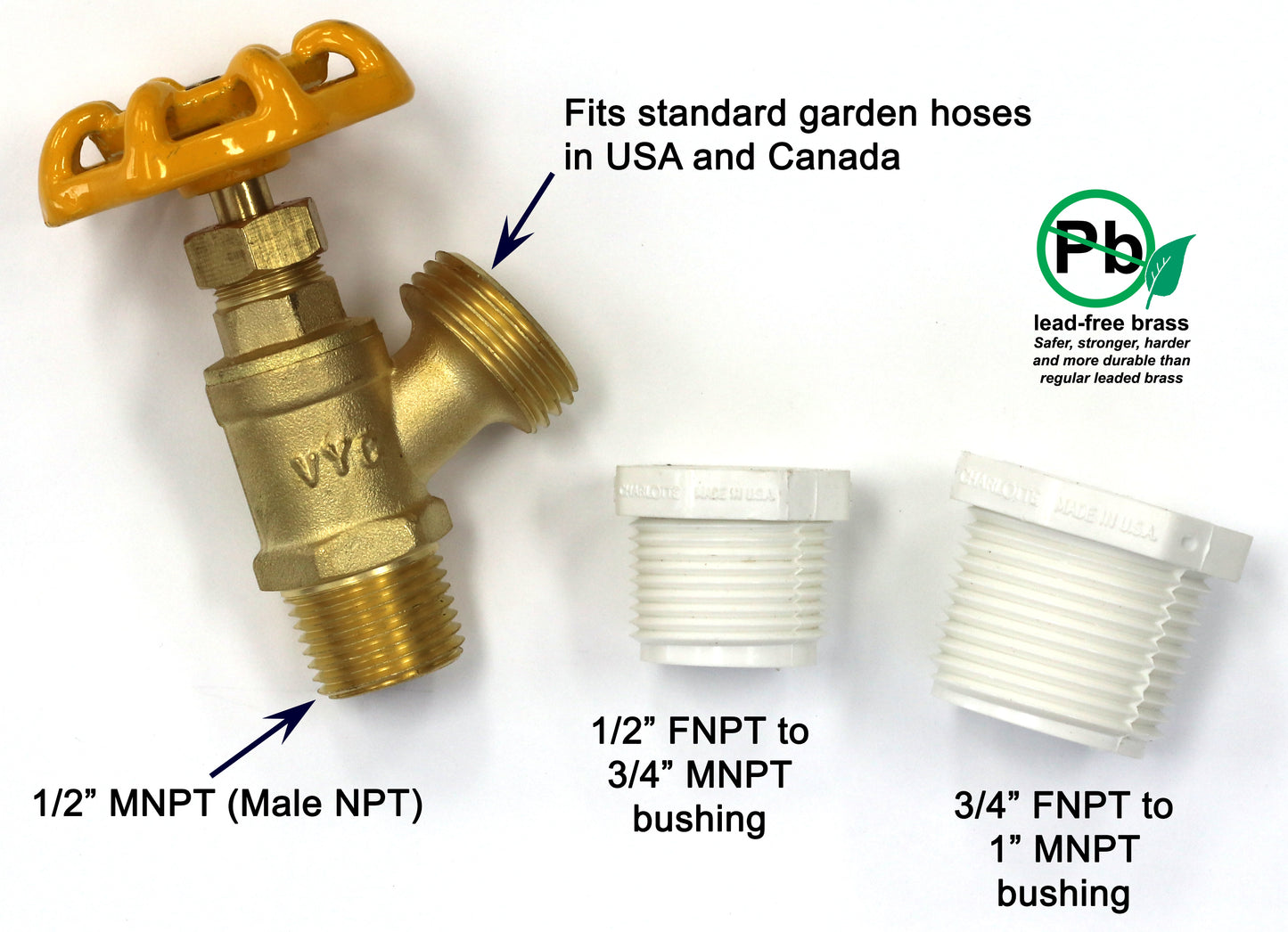 Sprinkler Garden Faucet with 1/2" MNPT Connection plus adapter bushings for 3/4" MNPT and 1" MNPT