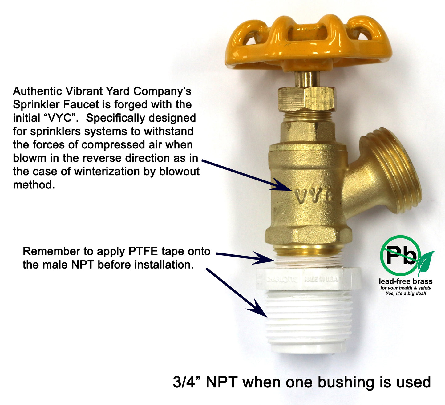 Sprinkler Garden Faucet with 1/2" MNPT Connection plus adapter bushings for 3/4" MNPT and 1" MNPT