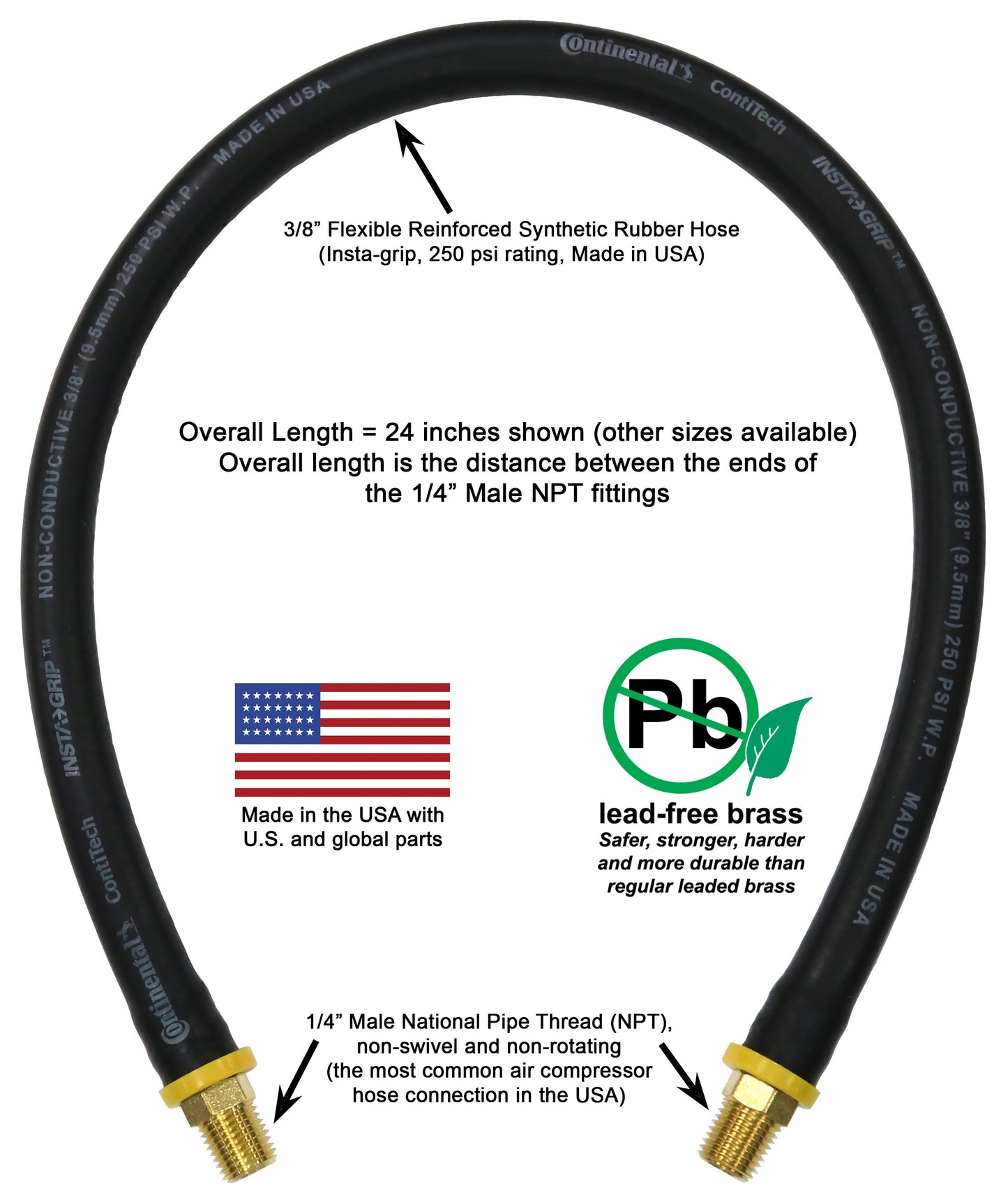 Short Air Compressor Hose: 1/4" Male NPT to 1/4" Male NPT Connections (Lead-Free Brass)