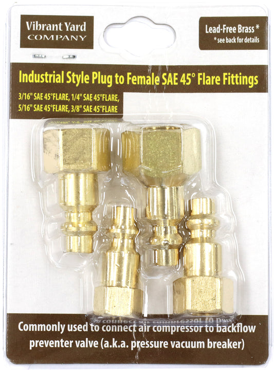 Industrial Style Plug to Female SAE 45-degree Flare Fittings | Adapters to Winterize Blow out Backflow Preventer and Pressure Vacuum Breaker (PVB) for Sprinkler System (Solid Lead-Free Brass)