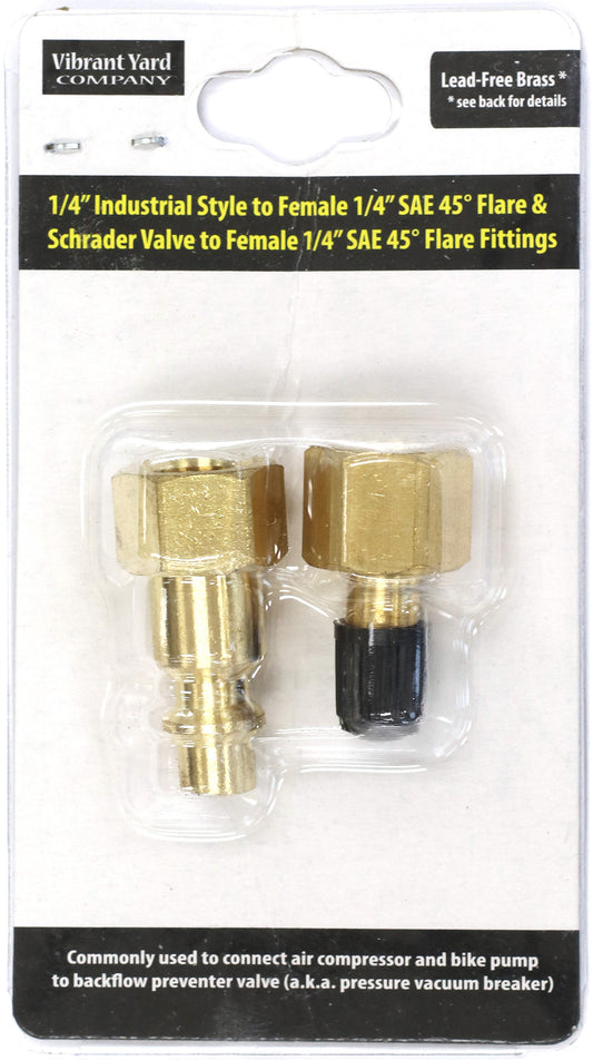 1/4" Industrial Style & Schrader Valve to Female 1/4" SAE 45-degree Flare Fittings | Adapters to Winterize Blow out Backflow Preventer and Pressure Vacuum Breaker (PVB) for Sprinkler System (Solid Lead-Free Brass)