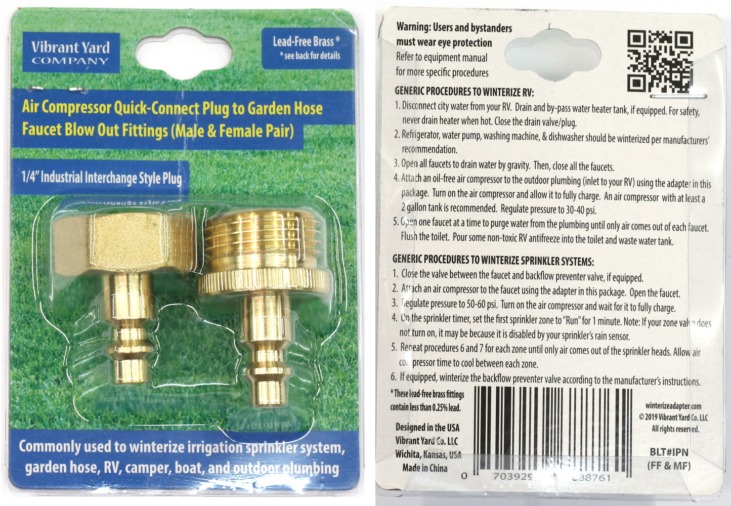 Water Blowout Quick Connect Plug Fittings for Air Compressor, Winterize Kit for RV, Camper, Outdoor Plumbing, Garden Hose, and Sprinkler Systems (One Pair)