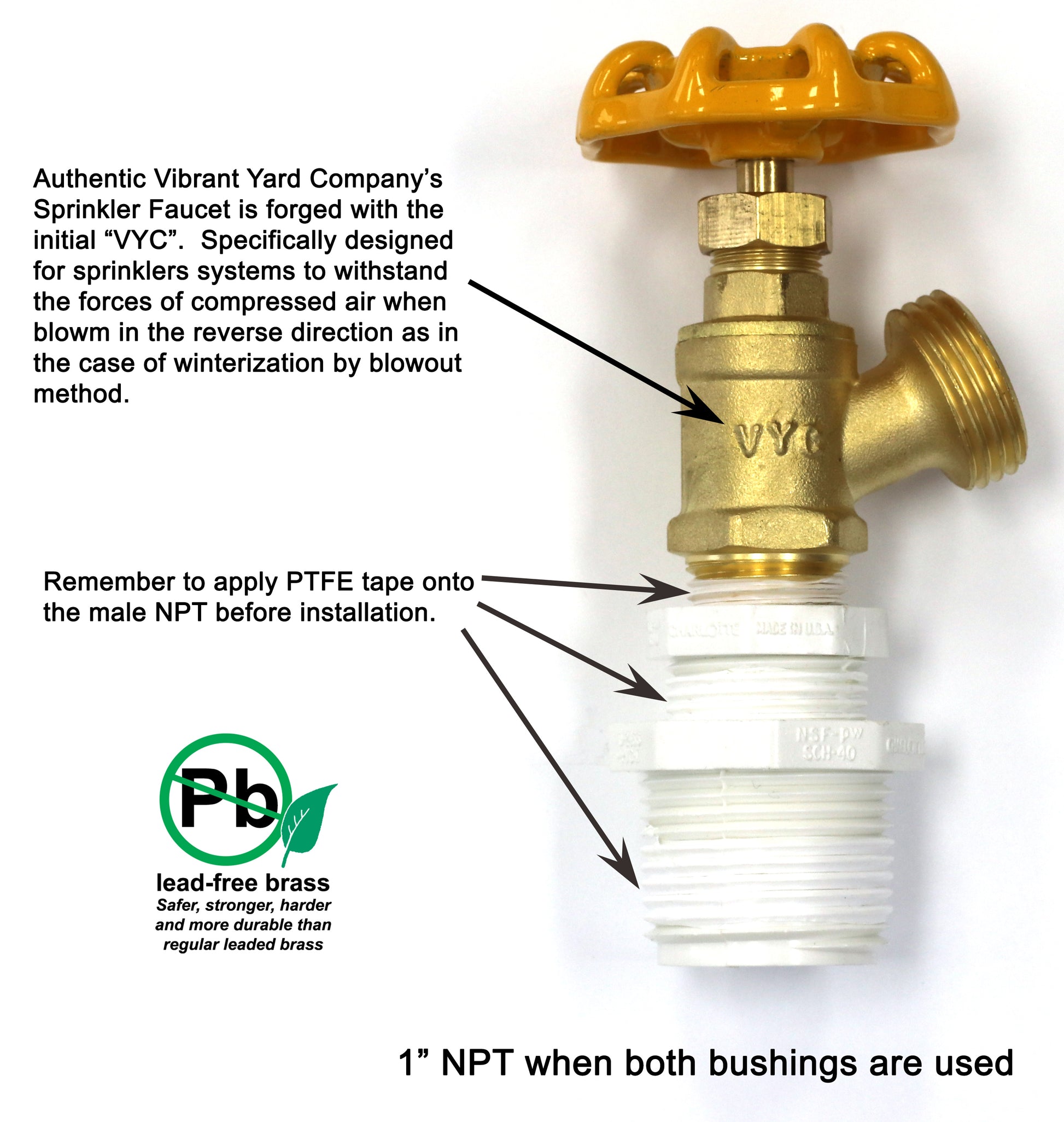 Sprinkler Garden Faucet with 1/2" MNPT Connection plus adapter bushings for 3/4" MNPT and 1" MNPT