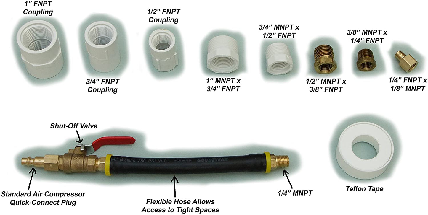 Winterize Sprinkler System Blow Out Adapter: Air Compressor to National Pipe Threads (NPT) Set with Shut Off Valve - Contains all common sizes!